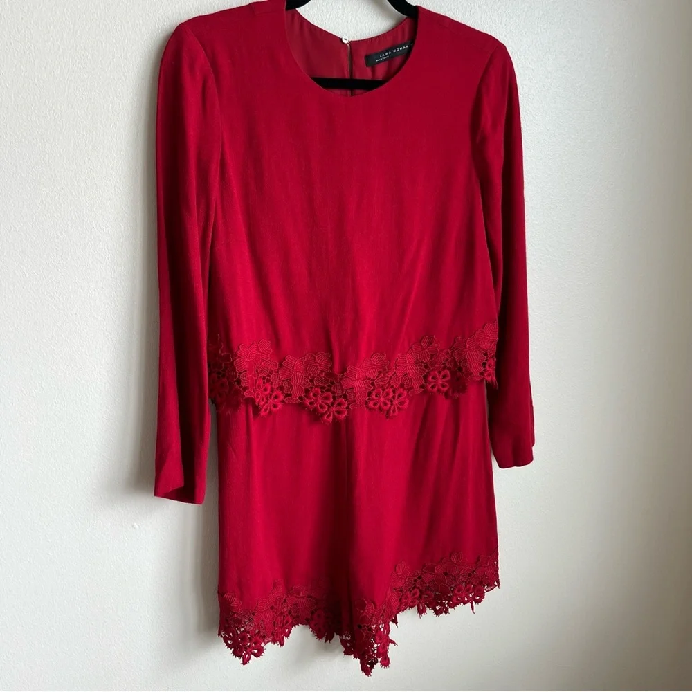 Zara Red Lace Trim Long Sleeve Romper, Size Medium - Picture 4 of 6